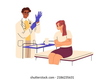 Stressed patient with phobia of doctors and medical test, checkup. Person feeling mental discomfort, fear, panic in hospital, afraid of treatment. Flat vector illustration isolated on white background