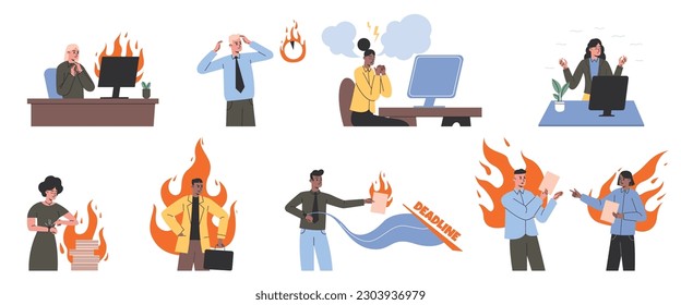 Stressed people. Cartoon office employees in busy working atmosphere. Last minute deadlines. Business conflict situations. Angry men and women in flames. Vector anxiety