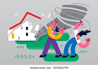 Stressed people saving from strong powerful tornado running town. Distressed man and woman suffer from natural disaster. Environment catastrophe, damage concept. Flat vector illustration. 