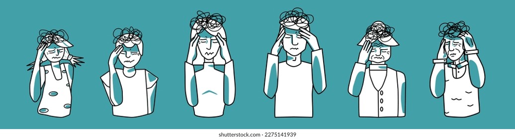 Stressed people set. Stress emotion of boy and girl, man and woman, grandfather and grandmother. Headache, mint and white. Sketched style vector illustration.