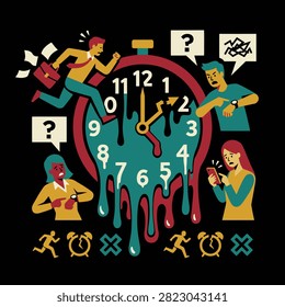 Stressed people struggle with a melting clock during busy work