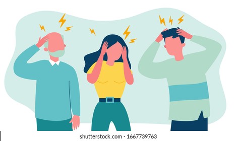 Stressed people suffering from headache, holding head. Sad men and woman tired of their migraine. Vector illustration for pain, depression, stress, healthcare, sickness, disease concept