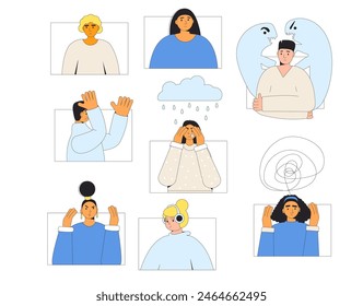 Stressed people. Young characters with bad mood. Mental disorder people. Teenage girls and boy with burnout, confusion and depression mental illness. Vector flat outline illustration.