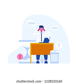 Stressed person behind the office desk flat style vector character
