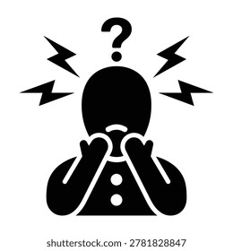 A stressed person with hands on face and question mark on head surrounded by lightning bolts, conveying confusion and anxiety in a symbolic representation.