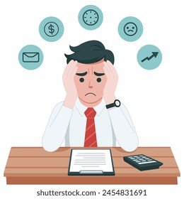 A stressed person sits at a desk, surrounded by paperwork and a calculator, depicting work-related stress.