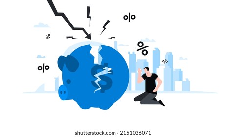 Stressed person sitting at broken piggy bank. Animation ready duik friendly vector. Conceptual business story. Financial crisis, economic recession, bankruptcy, depression.