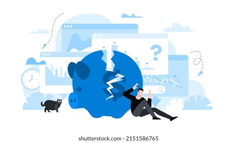 Stressed person sitting at broken piggy bank. Animation ready duik friendly vector. Conceptual business story. Financial crisis, economic recession, bankruptcy, depression.