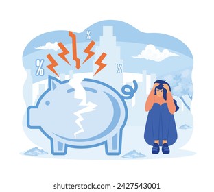 Stressed person sitting at broken piggy bank. Animation ready duik friendly vector. Conceptual business story. Financial crisis, economic recession, bankruptcy, depression.