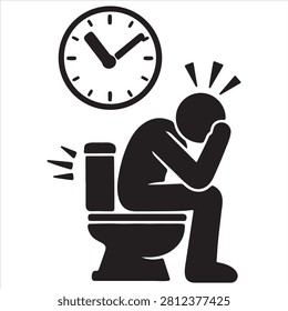 Stressed person sitting on toilet with clock indicating urgency