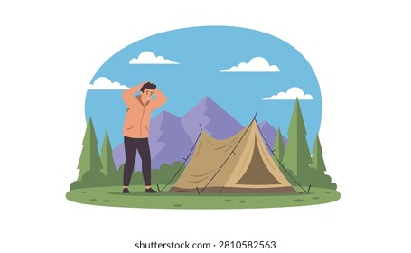 Stressed person stands in front of a camping tent in the mountains with hands on their head.