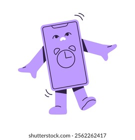 Stressed phone character with alarm clock app on screen. Telephone mascot with ringing alert signal. Smartphone is shocked by warning bell melody. Flat isolated vector illustration on white background