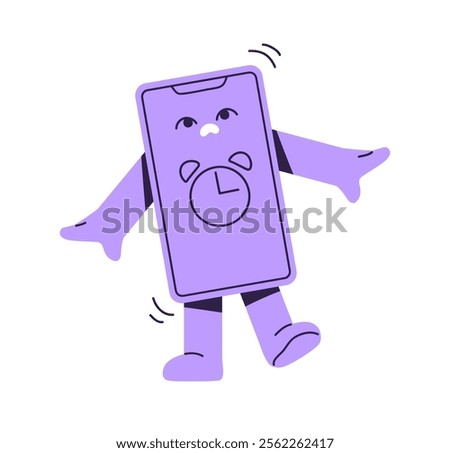 Stressed phone character with alarm clock app on screen. Telephone mascot with ringing alert signal. Smartphone is shocked by warning bell melody. Flat isolated vector illustration on white background