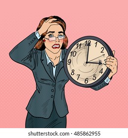 Stressed Pop Art Business Woman with Big Clock on Deadline Work. Vector illustration