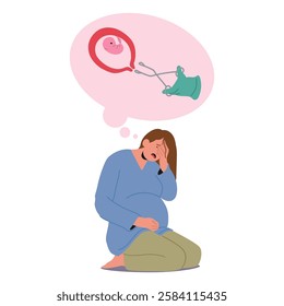 Stressed pregnant woman afraid of frozen pregnancy abortion and childbirth surgery using obstetric forceps vector illustration. Childbearing female feeling fear due to possible dangers and risks