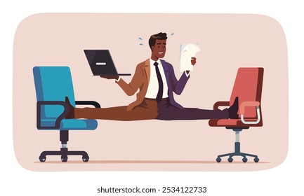 Stressed Professional Balancing Multiple Responsibilities: Businessman Struggling with Two Jobs, Deadlines, and Stress While Managing Tasks Between Two Offices in a High-Pressure Environment