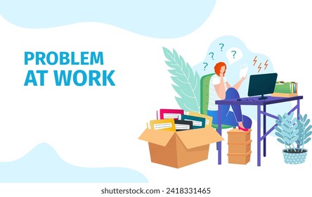 Stressed redhead woman at desk with computer, documents, looking puzzled. Office overwhelmed employee and work troubles. Office workload and problem-solving vector illustration.