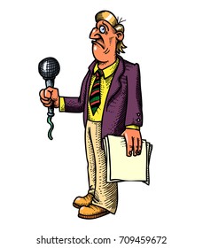 Stressed reporter hand drawn image. Original colorful artwork, comic childish style drawing.