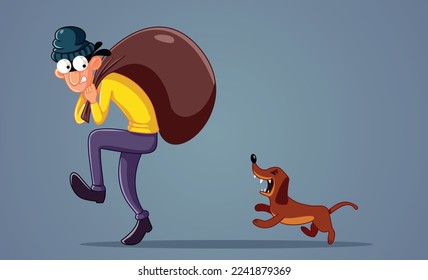 
Stressed Robber Followed by Watch Dog Vector Cartoon Illustration. Scared robber running away from a security dog 
