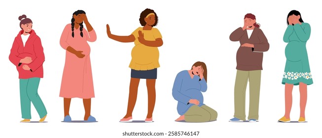Stressed, sad pregnant woman characters having health troubles, psychological mental problems and difficulties during pregnancy period. Childbearing girls in stress and depression vector illustration