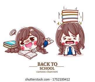 Stressed school student filling out answers to exam, read book, cartoon back to school  art illustration logo. Premium Vector