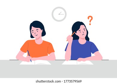 Stressed school student filling out answers to exam test answer sheet with pencil sitting at a classroom desk. Not knowing answers. the smart woman taking a test, preparing for exams at University.