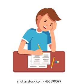 Stressed school student filling out answers to exam test answer sheet with pencil sitting at a classroom desk. Not knowing answers. Modern flat style vector illustration isolated on white background.