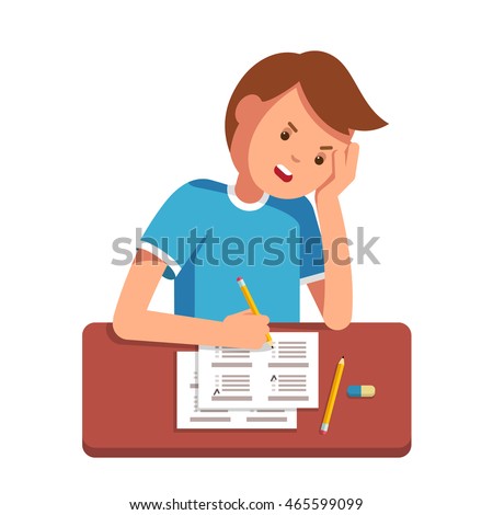 Stressed school student filling out answers to exam test answer sheet with pencil sitting at a classroom desk. Not knowing answers. Modern flat style vector illustration isolated on white background.