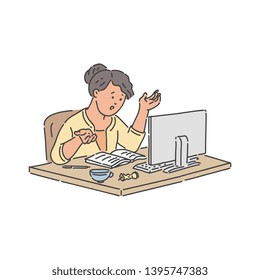 Stressed school student girl sitting at table with notebook and monitor of computer and studying online - hand drawn isolated vector illustration of schoolgirl throwing up her hands while learning.