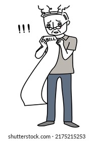 Stressed senior man reading bill. Financial theme with weary elderly man holding and perusing the very long bill. Financial problem concept with mature man feeling shocked from his overspending.