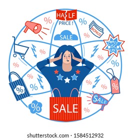 Stressed shocked 
shopaholic woman with headache, shutting ears. Too much purchase, shopping problem. Need to buy all 
goods. Creative sale concept. Advertisement, sale, shops, buy. Red, blue colors. 