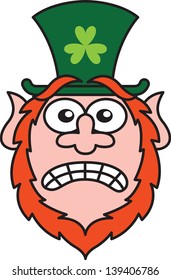 Stressed St Paddy's Day Leprechaun shaking nervously while wearing a red beard and big green hat with a clover