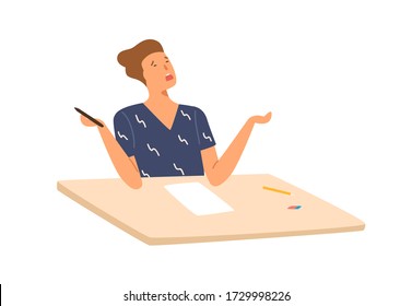 Stressed Student Boy Writing Exam Test Don't Know Answers Vector Flat Illustration. Male Pupil Sitting On Desk With Empty Paper Isolated On White. Person Failed Examination At College Or School