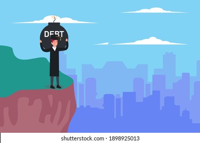 Estudiante estresado con deuda en el borde de un acantilado concepto de vector plano 2D para banner, sitio web, ilustración, página de aterrizaje, volante, etc