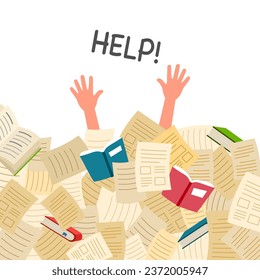 Stressed student or employee buried under a pile of documents in flat design on white background.