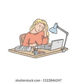 Stressed student girl sitting at table with laptop and notebook and studying in hand drawn style - isolated vector illustration of pupil learning hard homework and holding head in arms.