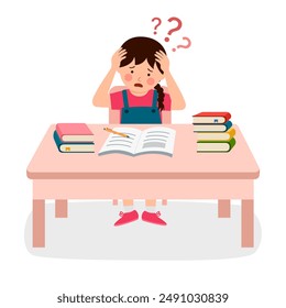 Stressed student kid sitting at desk with pile of books in flat design on white background. Girl child doing difficult homework.