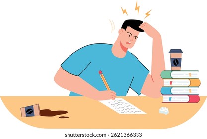 Estudante estressado sobrecarregado de trabalho e estudos, sujeito milenar estressado estudando antes da faculdade 