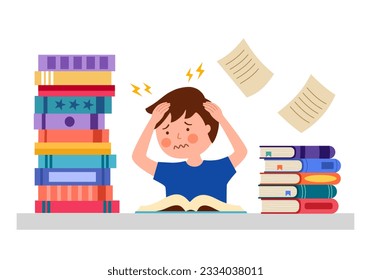 Stressed student sitting at desk with pile of books in flat design on white background.