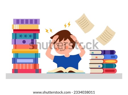Stressed student sitting at desk with pile of books in flat design on white background.