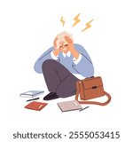 Stressed student sitting on floo, frustrated and tired. Exhausted fatique overworked teenager suffering from panic attack, anxiety, headache. Flat vector illustration isolated on white background