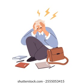 Stressed student sitting on floo, frustrated and tired. Exhausted fatique overworked teenager suffering from panic attack, anxiety, headache. Flat vector illustration isolated on white background