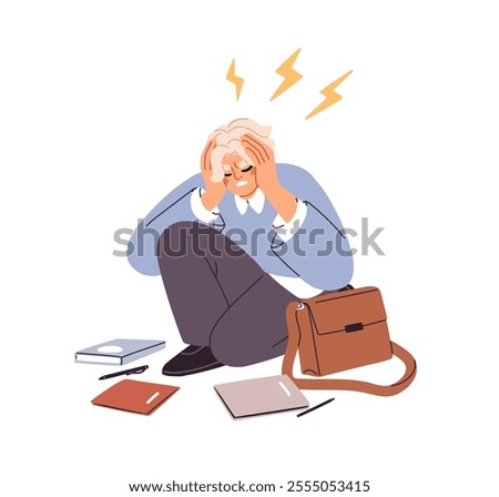 Stressed student sitting on floo, frustrated and tired. Exhausted fatique overworked teenager suffering from panic attack, anxiety, headache. Flat vector illustration isolated on white background