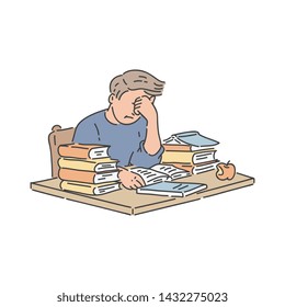 Stressed student sitting at table with pile of books and studying in hand drawn style isolated on white background. Vector illustration of boy learning or preparing for exams.
