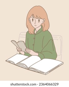Stressed student sticking with difficult homework, studying hard for the test, reading many books for research. Hand drawn flat cartoon character vector illustration.