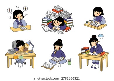 Stressed Student Study Problems Collection Hand Drawn Kawaii Cartoon Academic Struggle Illustration Set