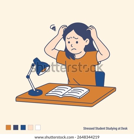 Stressed Student Studying at Desk – Vector Illustration

