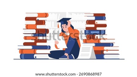 Stressed Student Studying Overwhelmed by Large Pile of Books and Study Materials