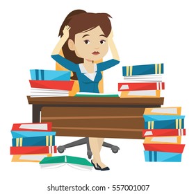 Stressed student studying with textbooks. Caucasian student studying hard before exam. Desperate female student studying in the library. Vector flat design illustration isolated on white background.