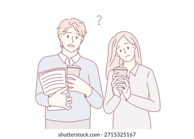 Los estudiantes estresados con café para llevar y papeleo se sienten frustrados con la preparación del examen. Colegas descontentos con la fecha límite de trabajo, preparan la investigación. Trabajo excesivo. Ilustración vectorial.